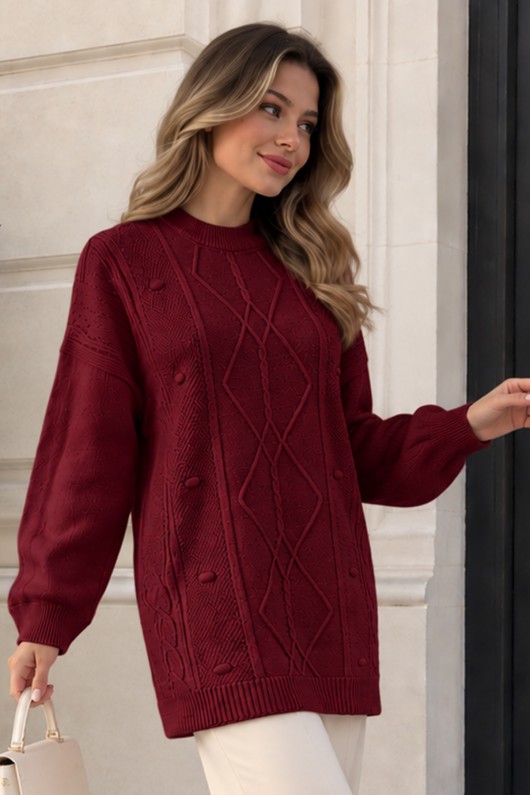 Desenli Triko Kazak K6059 Bordo
