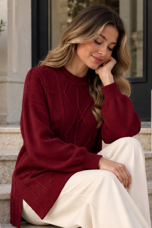 Desenli Triko Kazak K6059 Bordo
