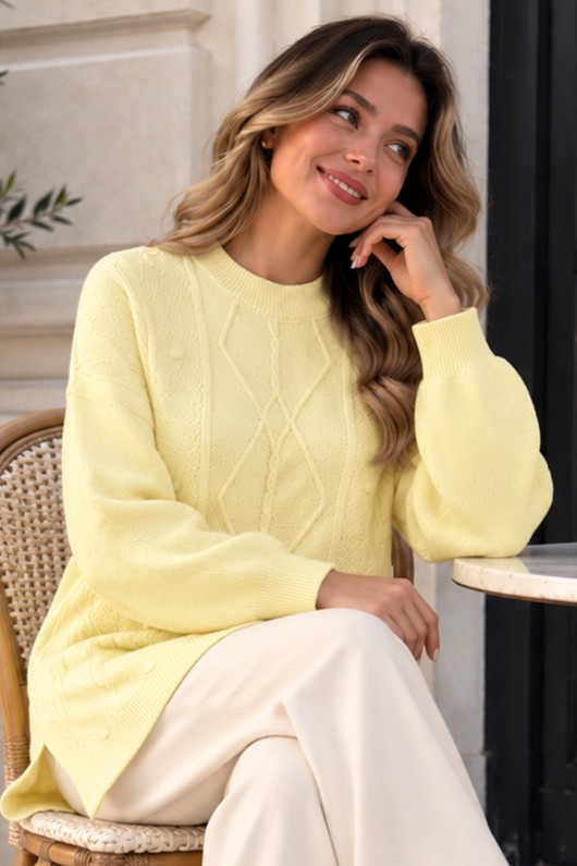 Desenli Triko Kazak K6059 Limon Sarısı