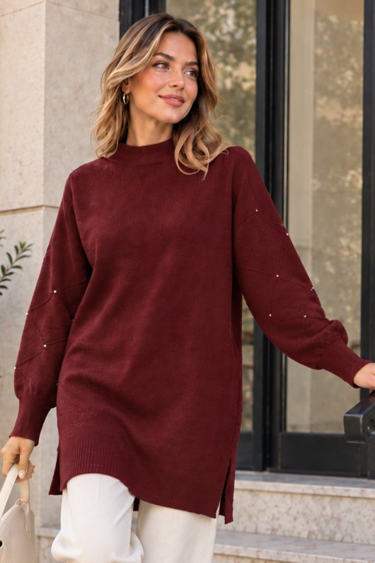 Taşlı Triko Kazak K6039 Bordo