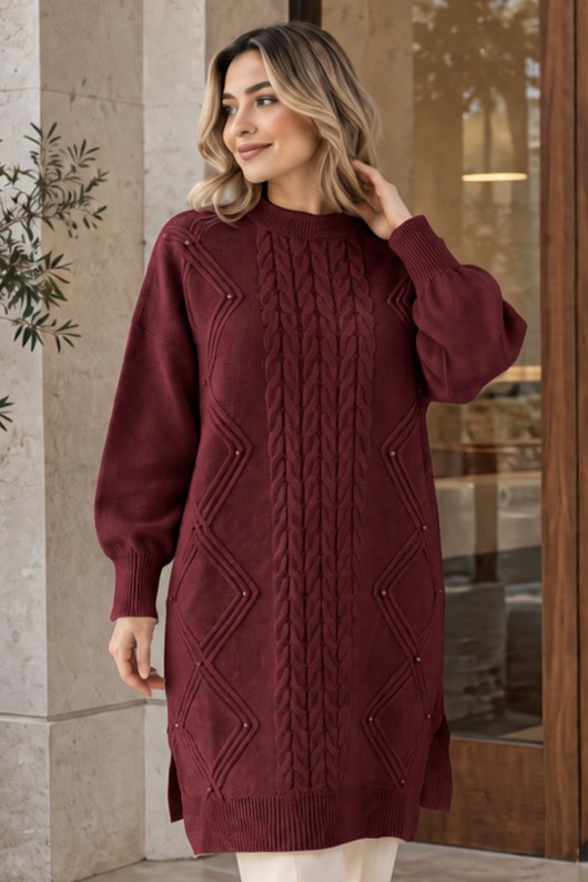 Taşlı Triko Kazak K6040 Bordo Taşlı Triko Kazak K6040 Bordo