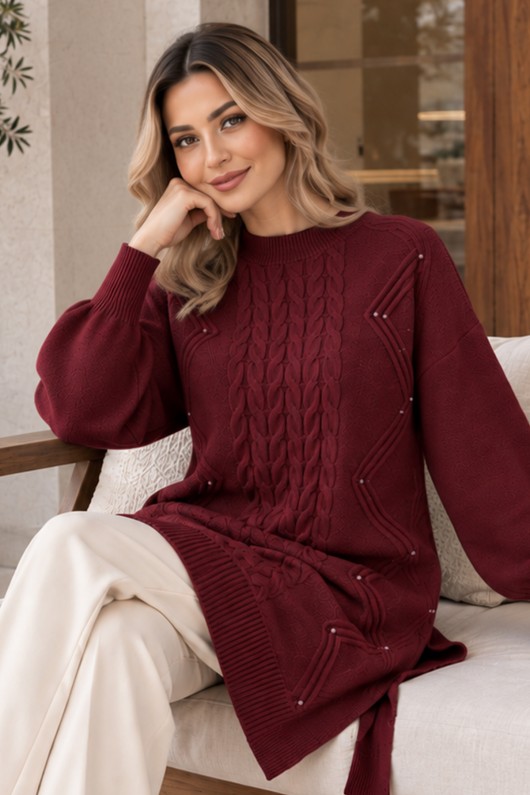 Taşlı Triko Kazak K6040 Bordo