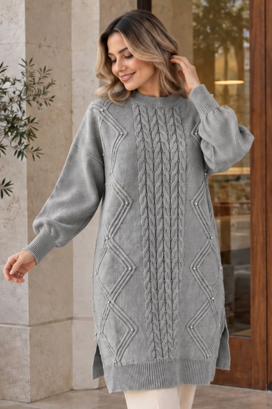Taşlı Triko Kazak K6040 Gri