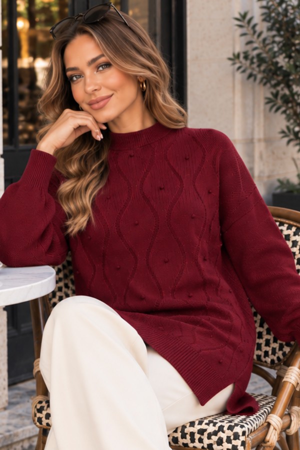 İnci İşlemeli Triko Kazak K6036 Bordo