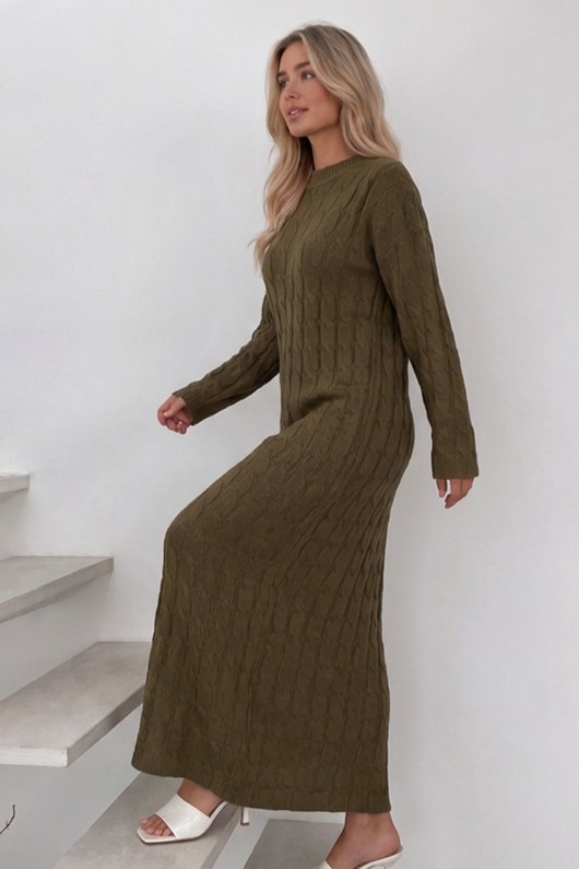 Örgü Desenli Triko Elbise K3024 Haki