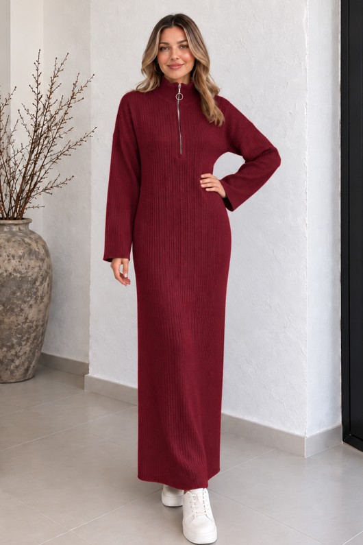 Yakası Fermuarlı Fitilli Triko Elbise K3067 Bordo