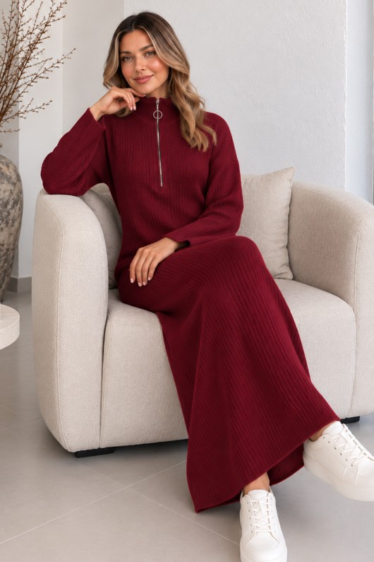 Yakası Fermuarlı Fitilli Triko Elbise K3067 Bordo Yakası Fermuarlı Fitilli Triko Elbise K3067 Bordo