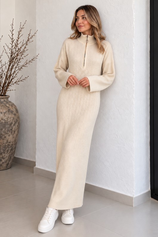 Yakası Fermuarlı Fitilli Triko Elbise K3067 Ekru