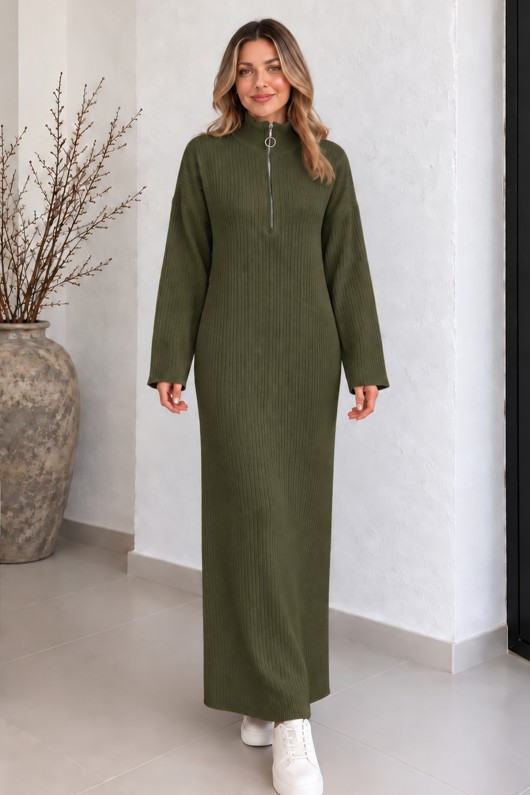Yakası Fermuarlı Fitilli Triko Elbise K3067 Haki