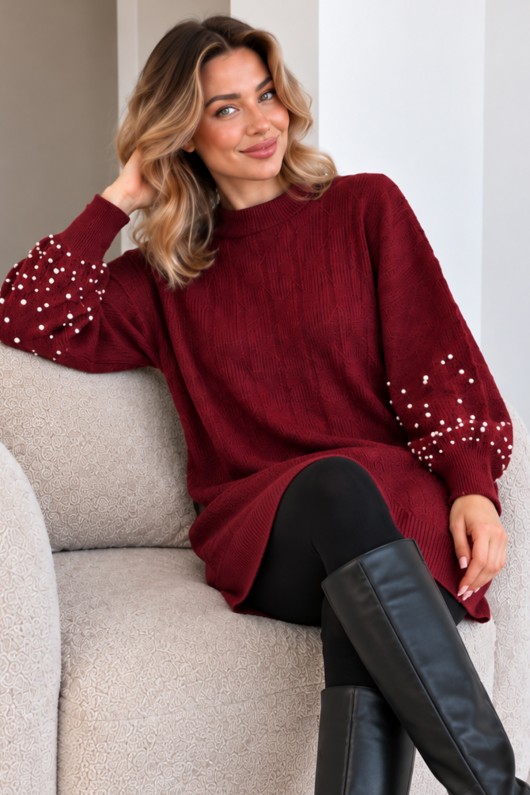 Kolları İnci Detaylı Triko Kazak K6042 Bordo