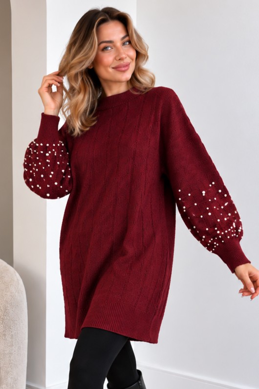 Kolları İnci Detaylı Triko Kazak K6042 Bordo