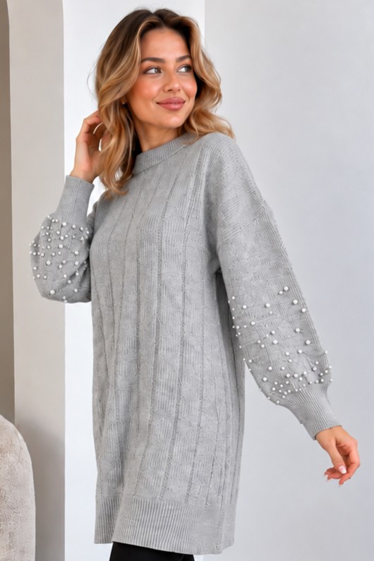 Kolları İnci Detaylı Triko Kazak K6042 Gri