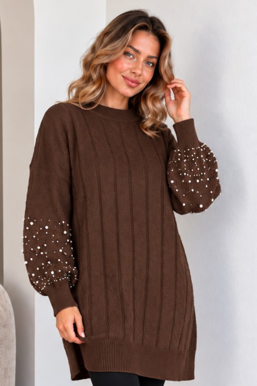 Kolları İnci Detaylı Triko Kazak K6042 Kahverengi