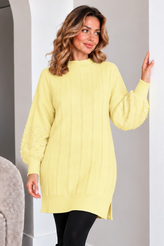 Kolları İnci Detaylı Triko Kazak K6042 Limon Sarısı