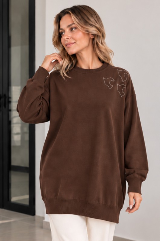 Nakışlı Merserize Tunik N3315 Kahverengi