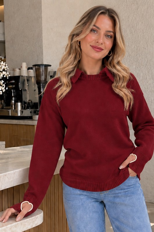 Parmak Detaylı Triko Kazak N509 Bordo