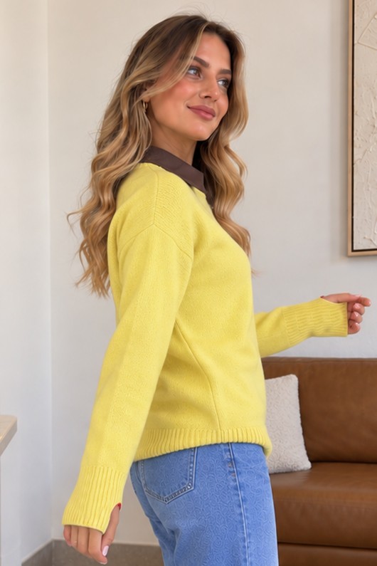 Parmak Detaylı Triko Kazak N509 Limon Sarısı