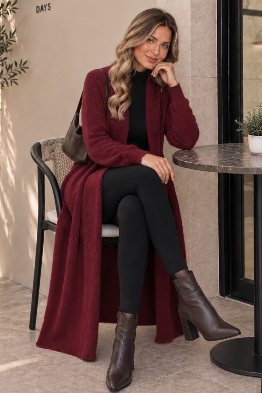 Sakallı Triko Uzun Hırka N3372 Bordo