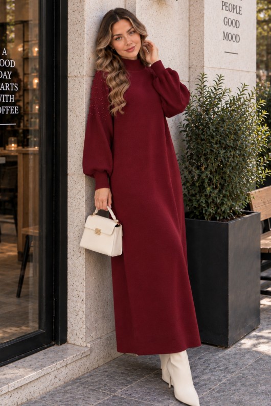 İnci Detaylı Triko Elbise K3084 Bordo