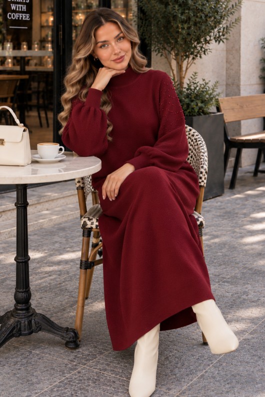 İnci Detaylı Triko Elbise K3084 Bordo
