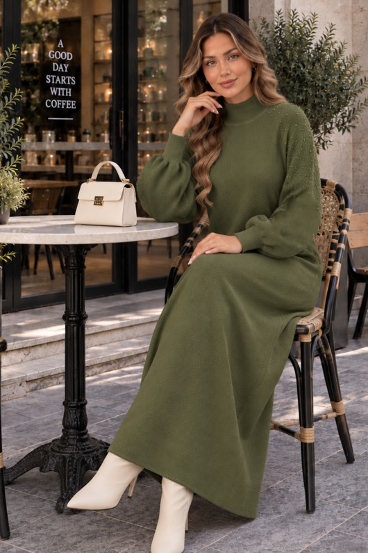 İnci Detaylı Triko Elbise K3084 Haki
