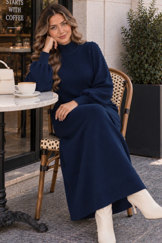 İnci Detaylı Triko Elbise K3084 Lacivert