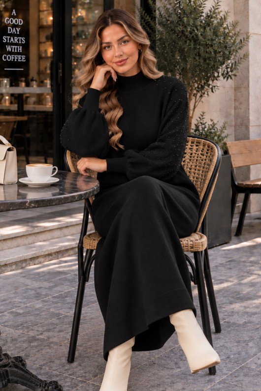 İnci Detaylı Triko Elbise K3084 Siyah