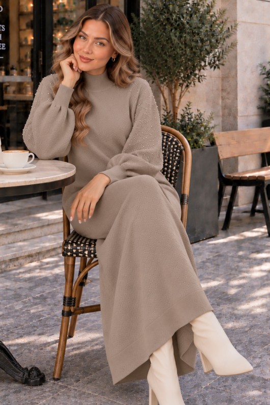 İnci Detaylı Triko Elbise K3084 Vizon