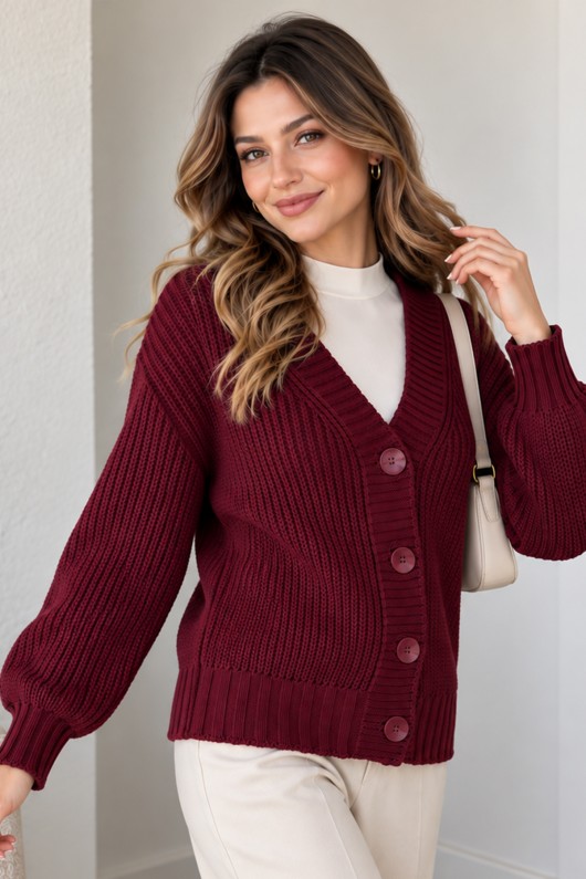 Düğmeli Triko Hırka N512 Bordo