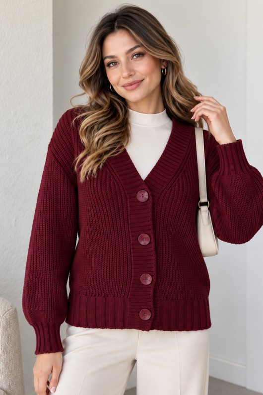 Düğmeli Triko Hırka N512 Bordo Düğmeli Triko Hırka N512 Bordo