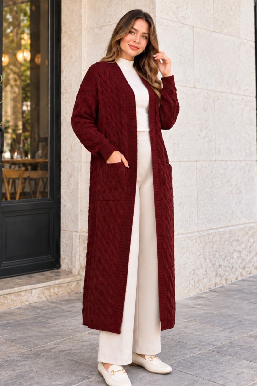 Örgü Desenli Triko Hırka R4612 Bordo