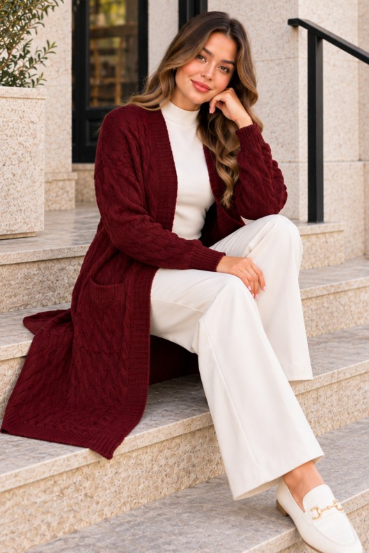Örgü Desenli Triko Hırka R4612 Bordo