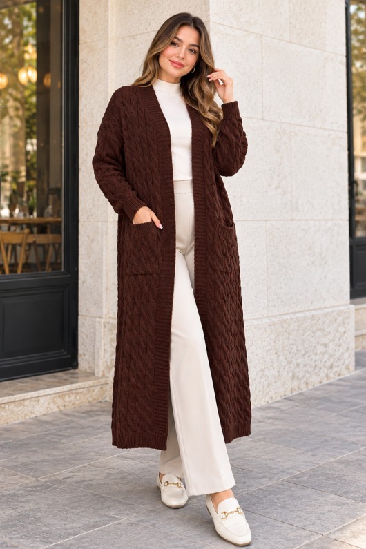 Örgü Desenli Triko Hırka R4612 Kahverengi