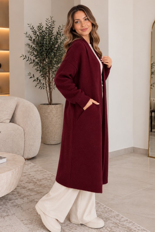 Sakallı Uzun Triko Hırka R4617 Bordo