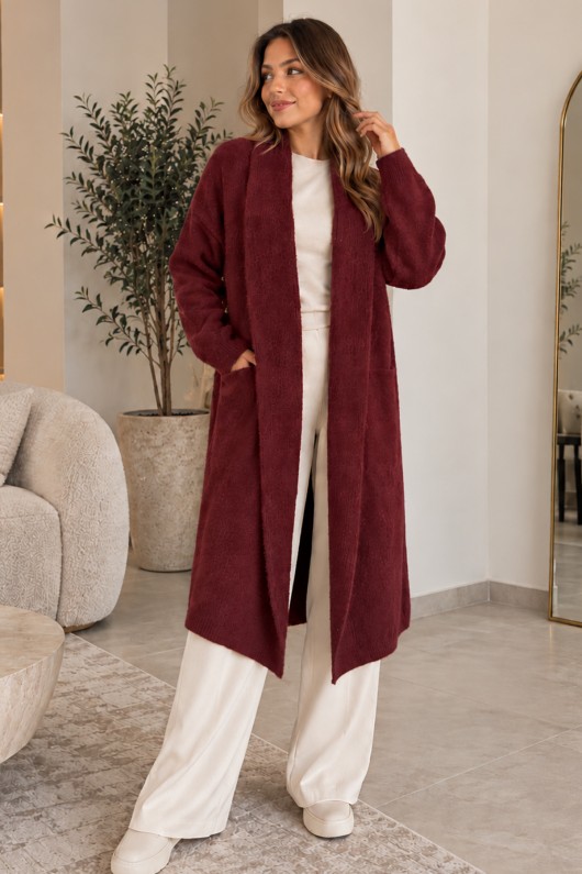 Sakallı Uzun Triko Hırka R4617 Bordo