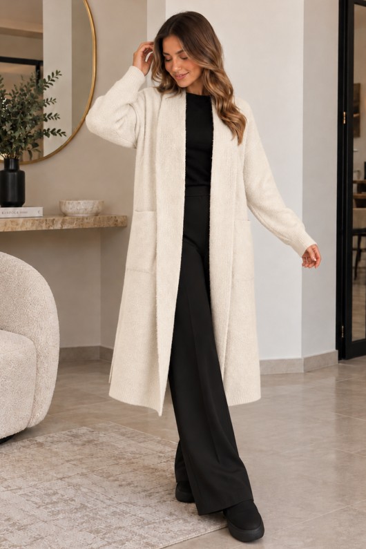 Sakallı Uzun Triko Hırka R4617 Ekru