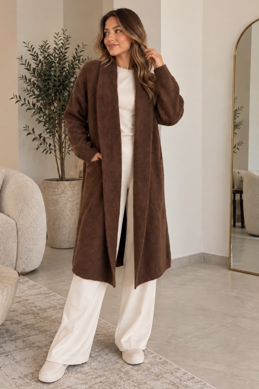 Sakallı Uzun Triko Hırka R4617 Kahverengi