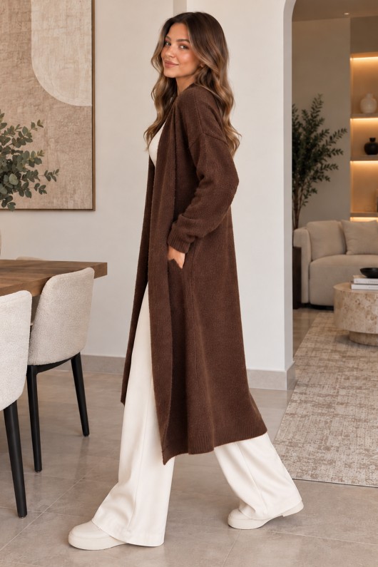 Sakallı Uzun Triko Hırka R4617 Kahverengi