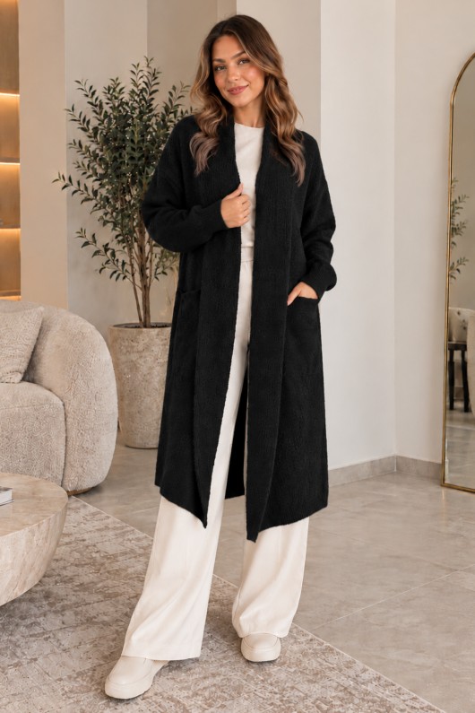 Sakallı Uzun Triko Hırka R4617 Siyah