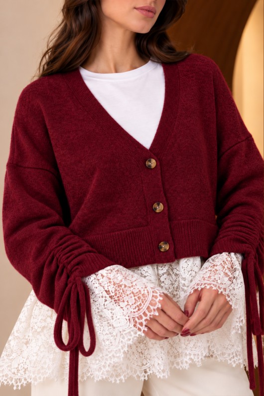 Dantelli V Yaka Triko Hırka N8448 Bordo