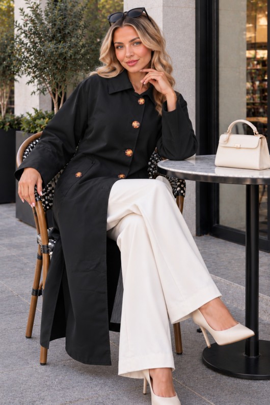 Düğmeli Dik Yaka Trençkot A6246 Siyah